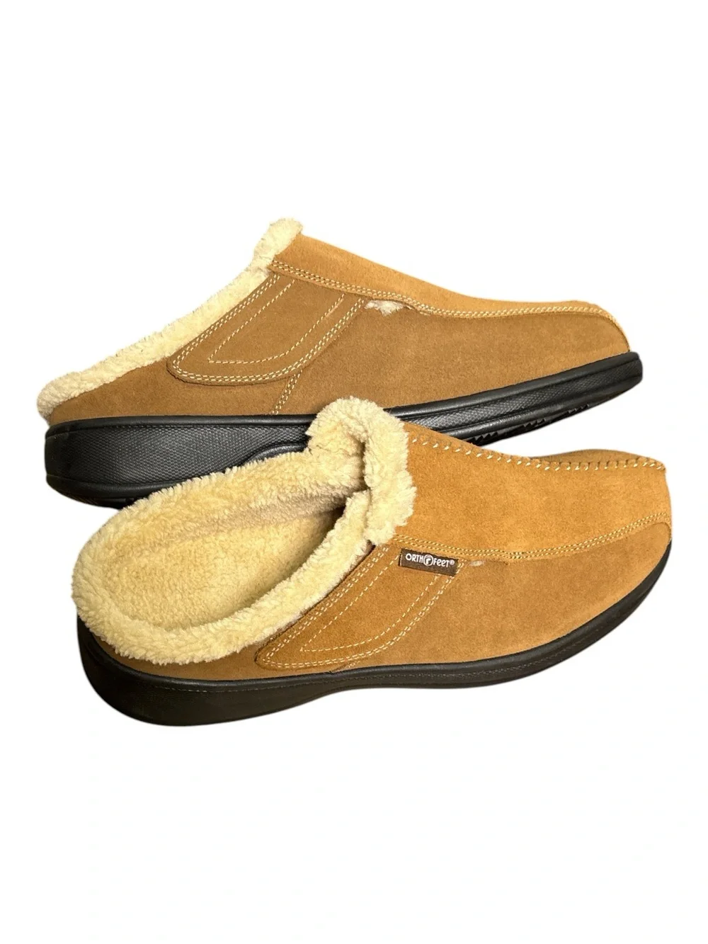 Orthofeet Asheville Men’s Orthopedic Tan Suede Faux Fur-Lined Slip-On Slippers
